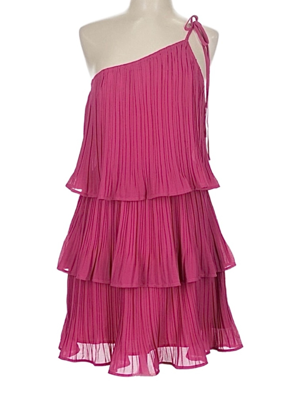 ZESICA ~ One-Shoulder Tiered Pleated Loose Fit Romantic Dress in Fuchsia